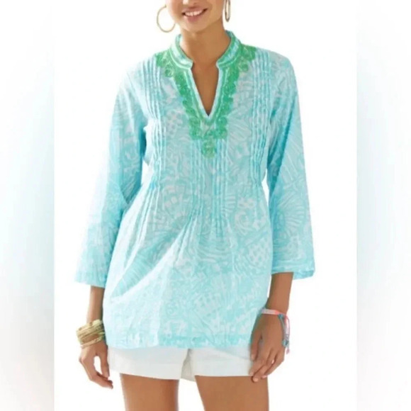Lilly Pulitzer Sarasota Beaded Tunic Sea Cups Shorely Blue - Picture 1 of 10